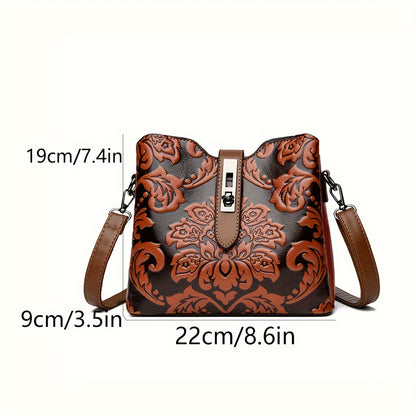 Elegant Flower Pattern Shoulder Bucket Bag, Turn-Lock Handbag For Work, Classic Textured Bag