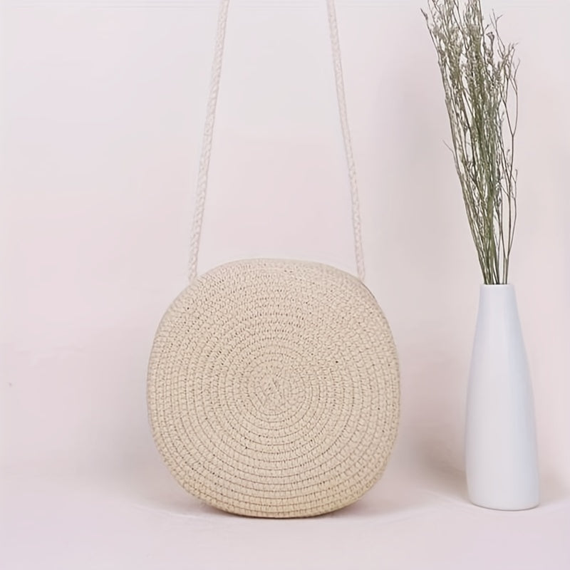 realaiot  Straw Woven Round Crossbody Bag, Solid Color Handmade Beach Bag, Women's Simple Seaside Travel Handbag & Purse For Vacation