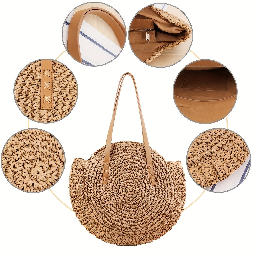 realaiot  Hollow-Out Straw Handbag, Fashion Woven Beach Bag, Round Large Capacity Shoulder Bag