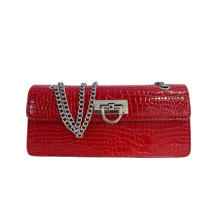 realaiot  Crocodile Pattern Baguette Bag, Luxury Chain Shoulder Purse, Fashion Crossbody Bag For Women