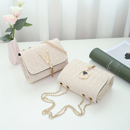 realaiot  1pc Mini Pearl Decor Crossbody Flap Straw Bag (7.5*2.8*5.5) Inch