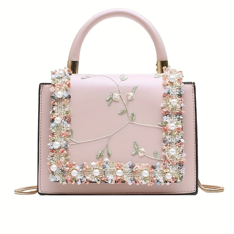 realaiot  Floral Embroidery Handbags For Women, Faux Pearl Decor Crossbody Bag, Fashion Sweet Flap Square Purses