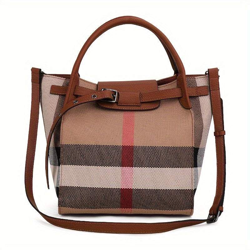 realaiot Genuine Leather Plaid Pattern Handbag, Luxury Crossbody Bag, Trendy Classic Design Purse For Women