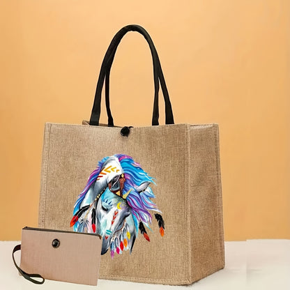 Large Capacity Tote Bag, Simple Printed Mummy Bag, Portable Travel Storage Bag, Lightweight Shopping Bag With Coin Purse