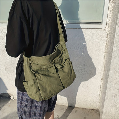 Vintage Canvas Crossbody Bag, Large Capacity Shoulder Bag, Simple Messenger Bag For School & Travel