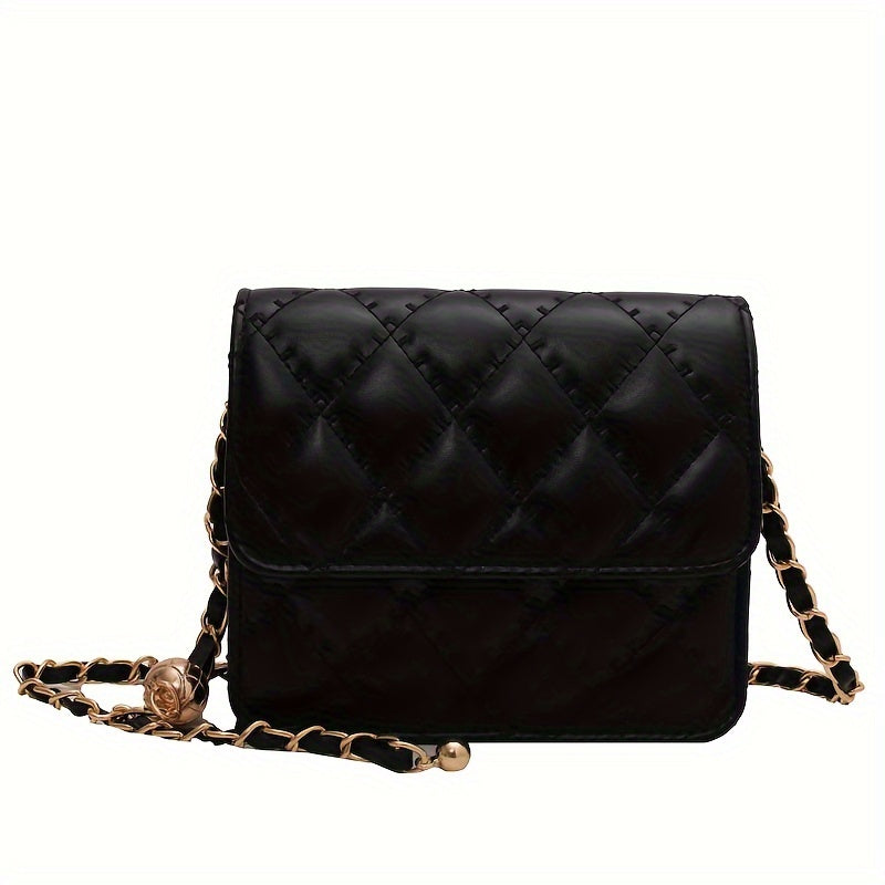 Argyle Quilted Crossbody Bag, Mini Chain Shoulder Bag, Women's PU Leather Handbag & Square Purse