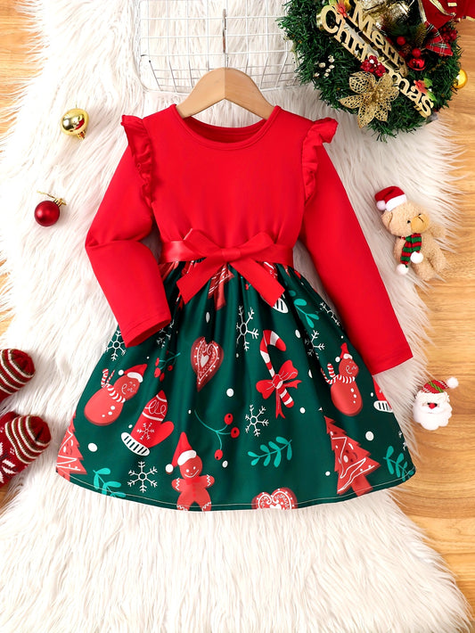 Adorable Christmas House Print Long-Sleeve A-Line Dress for Girls - Sweet Comfy Party Dresses for Spring and Fall - Ideal Gift for Little Princesses