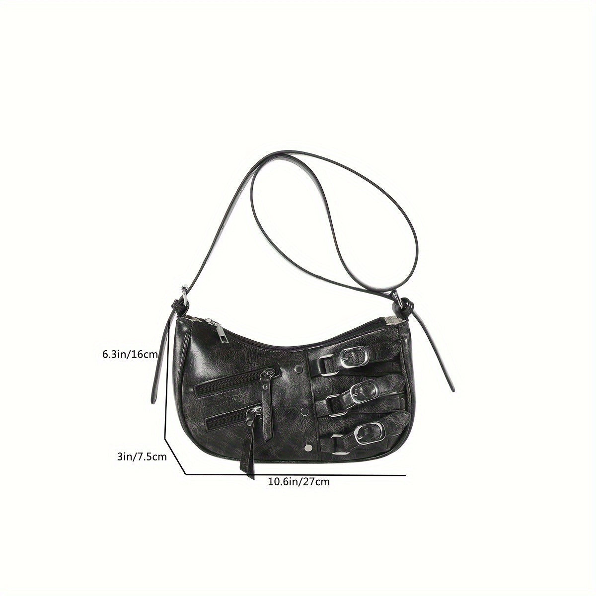 realaiot Punk Style Crescent Bag For Women, Trendy Motorcycle Shoulder Bag, Y2K Rivet Crossbody Bag For Street Wear