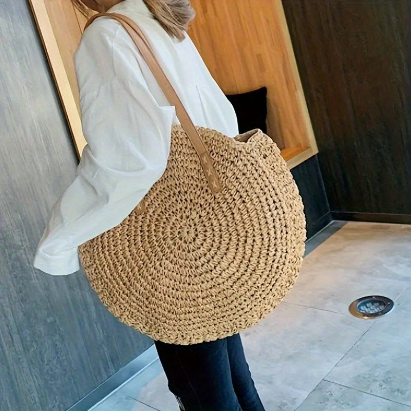 realaiot  Round Woven Straw Bag, Boho Style Summer Beach Bag, Large Capacity Shoulder Bag For Women