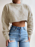 realaiot  Twist Pattern Crew Neck Sweater, Casual Long Sleeve Crop Sweater For Spring & Fall, Women's Clothing