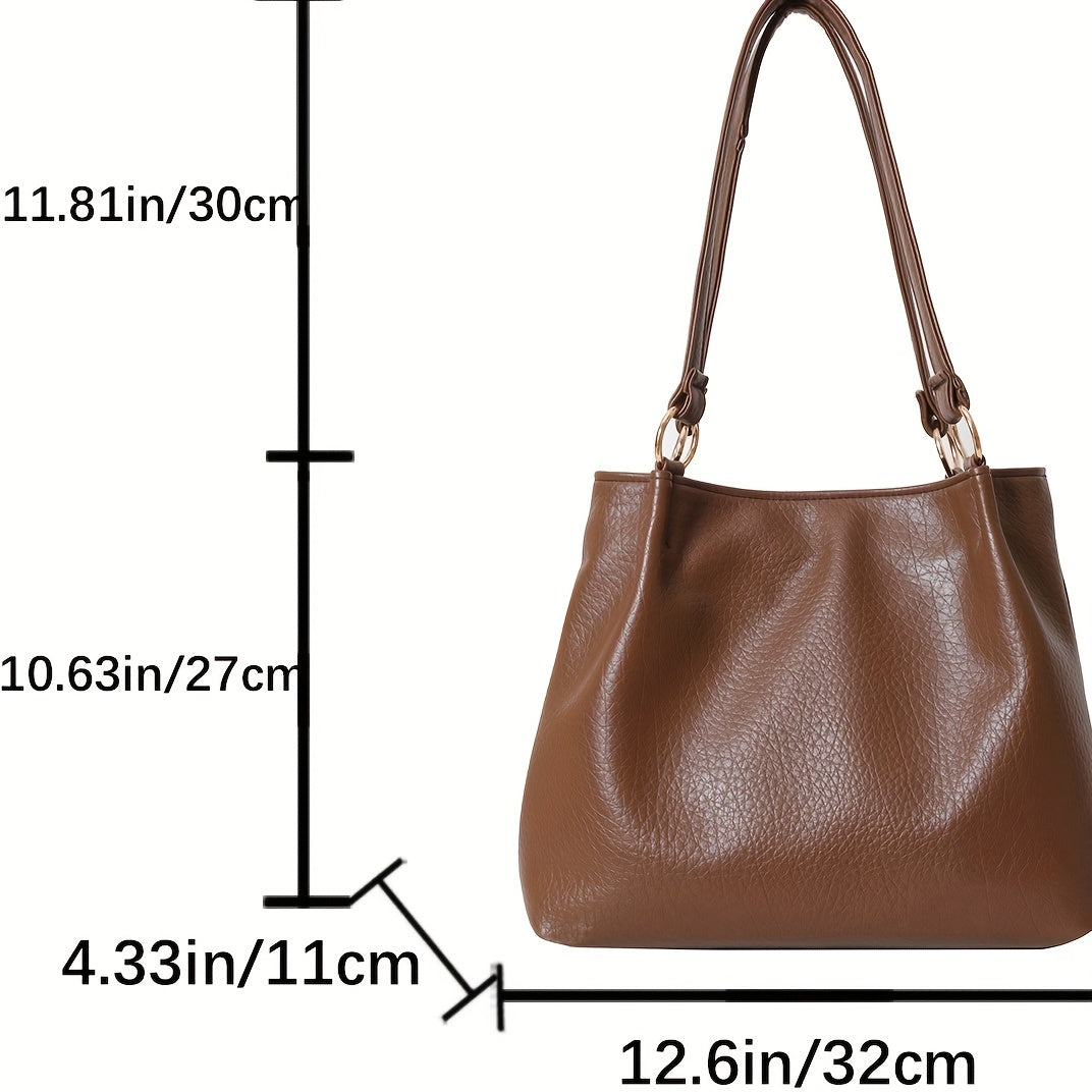 realaiot  Stylish PU Leather Tote Bag, Simple Solid Color Shoulder Bag, Large Capacity Handbag For Women