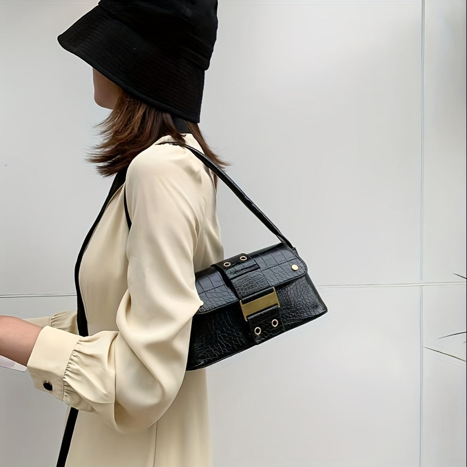 Trendy Crocodile Pattern Shoulder Bag, Solid Color Flap Handbag, Perfect Underarm Bag For Daily Use