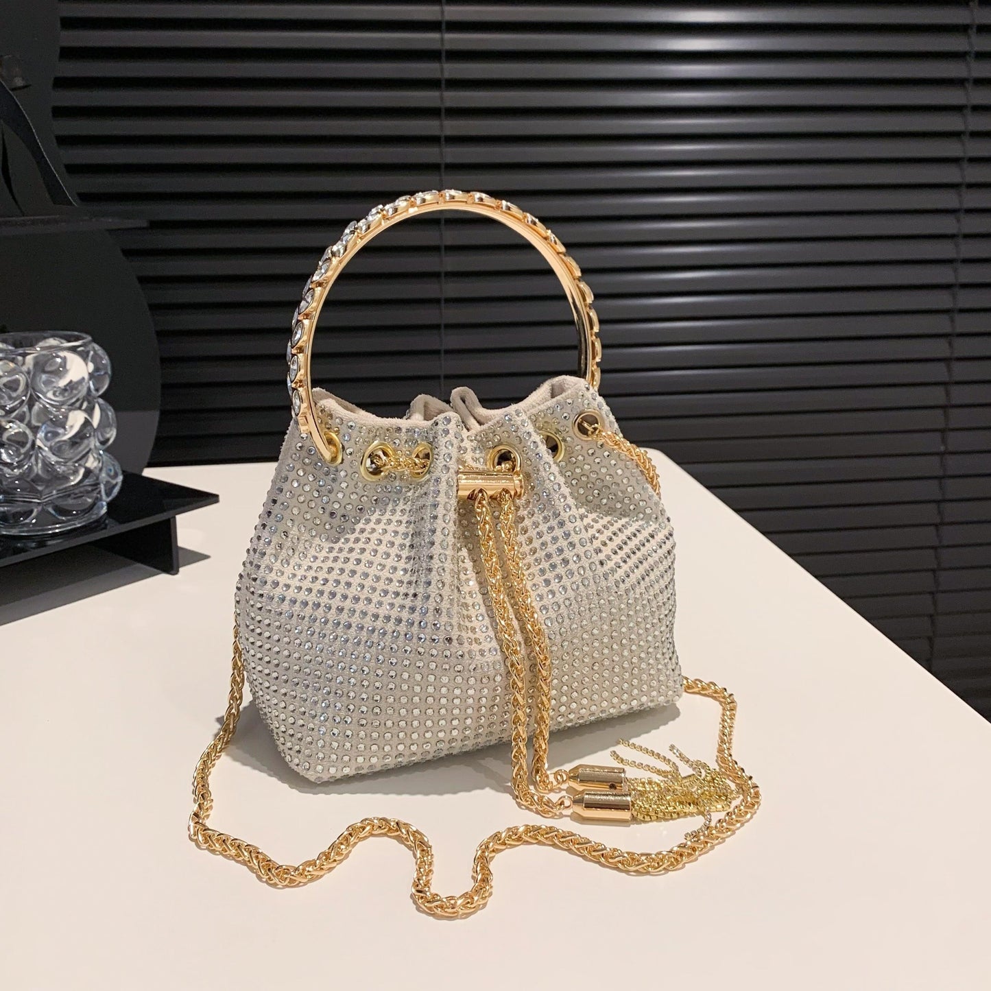 realaiot  Rhinestone Bucket Bag, Women's Top Ring Clutch Purse, Drawstring Crossbody Bag For Evening Prom Wedding Best Gifts for Carnaval