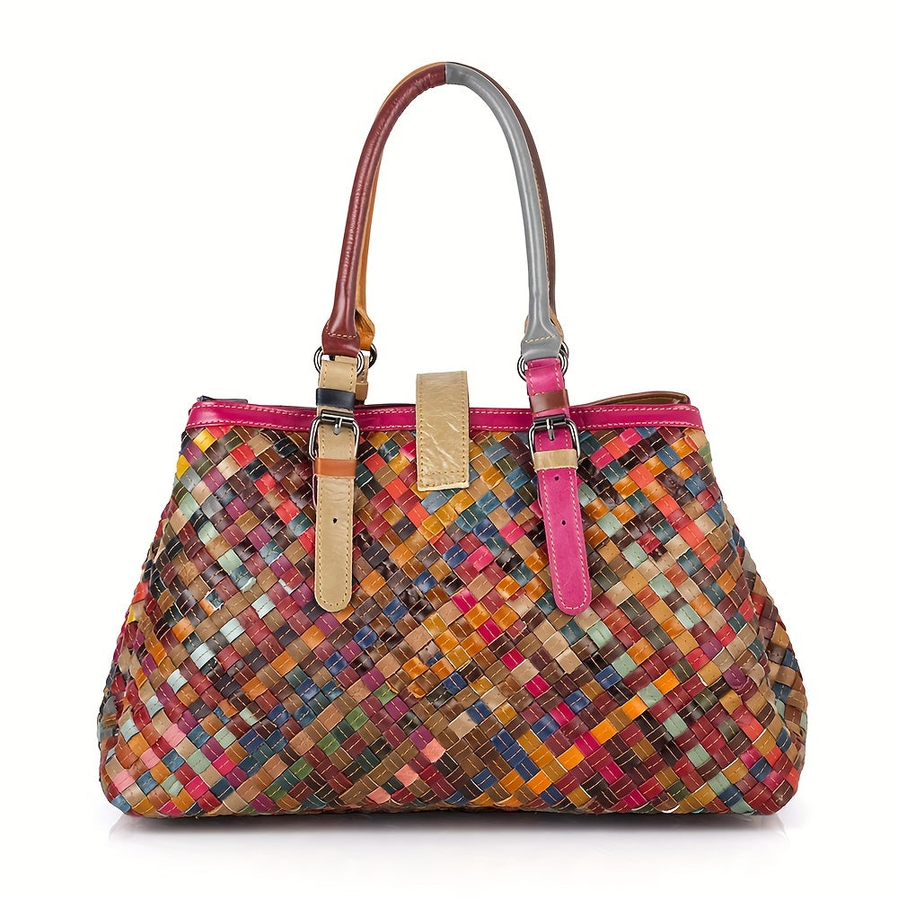 realaiot  Colorblock Top Handle Tote Bag, Vintage Genuine Leather Satchel, Women's Retro Woven Handbag & Shoulder Purse