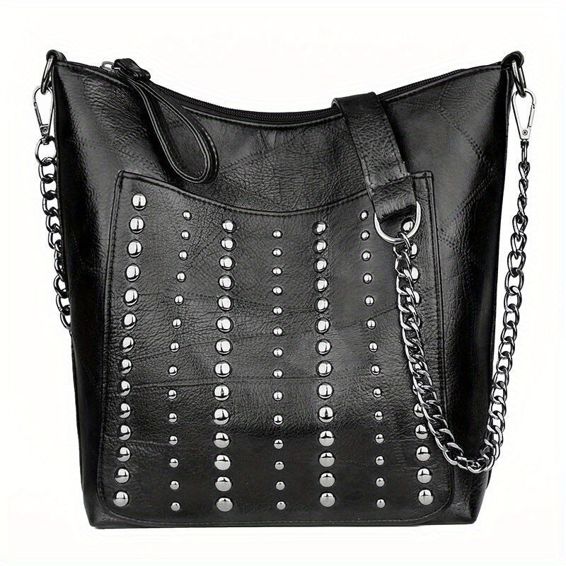 Vintage Style Studded Versatile Shoulder Bag, Rivet PU Leather Stylish Shoulder Bag, Large Capacity Zipper Punk Style Trendy Crossbody Bag