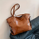 realaiot  Brown Large Capacity Tote Bag, Classic Textured Shoulder Bag, All-Match Commuter Bag For Women