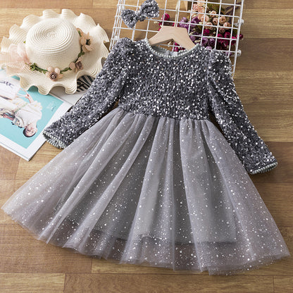 Girls Sequins Dress Winter Clothes Western Style Children Baby Girl Princess Dress Fashionable Stitching Tulle Tutu Skirt Trendy