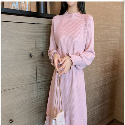 2025 Autumn and Winter New Korean Style Ruffle Sleeve Knitted Sweater Women's Pullover Elastic Waistband Slimming Mesh Spliced Princess Dress