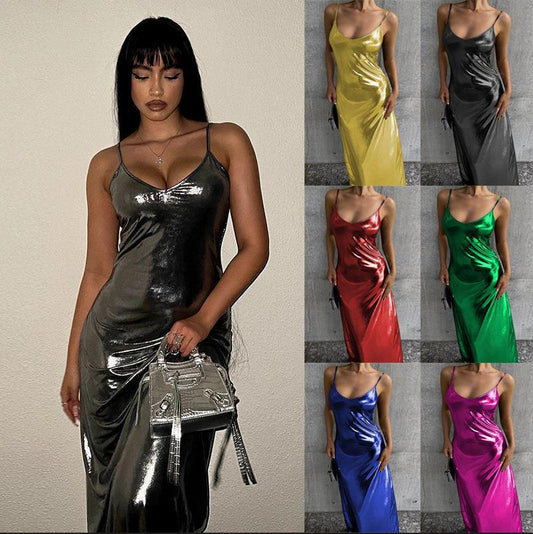 2023 New European and American Women's Clothing Spring and Summer Bronzing Sling Backless Sleeveless Sheath Temperament Sexy Dress Women