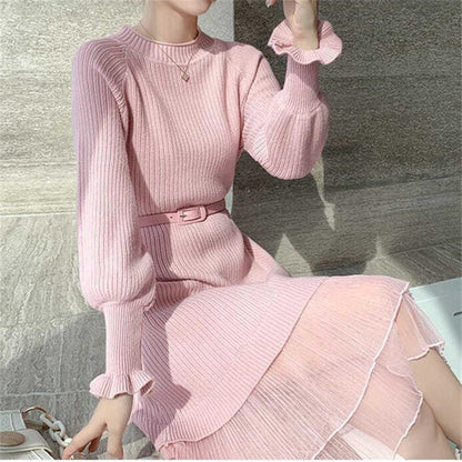 2025 Autumn and Winter New Korean Style Ruffle Sleeve Knitted Sweater Women's Pullover Elastic Waistband Slimming Mesh Spliced Princess Dress