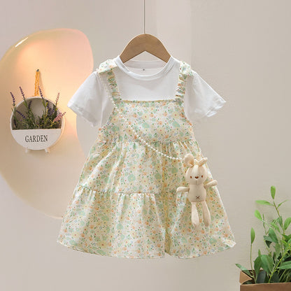 Children's Clothing Girls' Dress Summer New Baby Korean Style Floral Western Style Skirt Girls' Fake Two-Piece Princess Dress