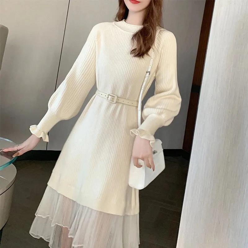 2025 Autumn and Winter New Korean Style Ruffle Sleeve Knitted Sweater Women's Pullover Elastic Waistband Slimming Mesh Spliced Princess Dress