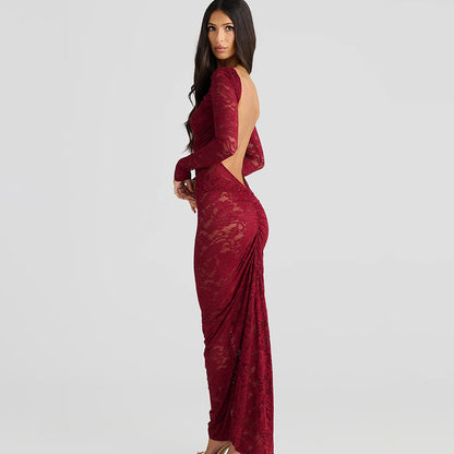 REALAIOT cross-border fashion and sexy hot-selling hip-wrapped long dress, new Spice Girl halter lace see-through slim dress