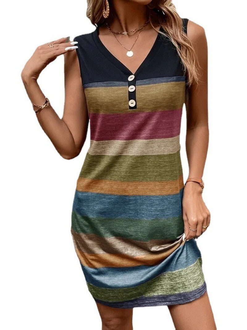 2023 Spring and Summer Europe and America Cross Border  New New Striped Printed Button Loose Vest Long Dress