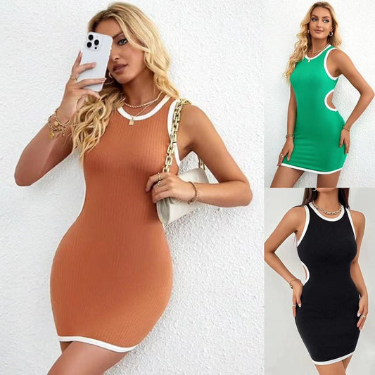 Women's Clothing 2024 Europe and America Cross Border Summer New Rib Sunken Stripe Midriff Outfit Hip-Wrapped Sleeveless Female Dress