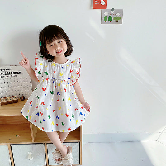 INS Girls' Korean Style Flounced Sleeve Dress Summer New Baby Girl Fashionable Skirt Children Princess Dress Children Shirt