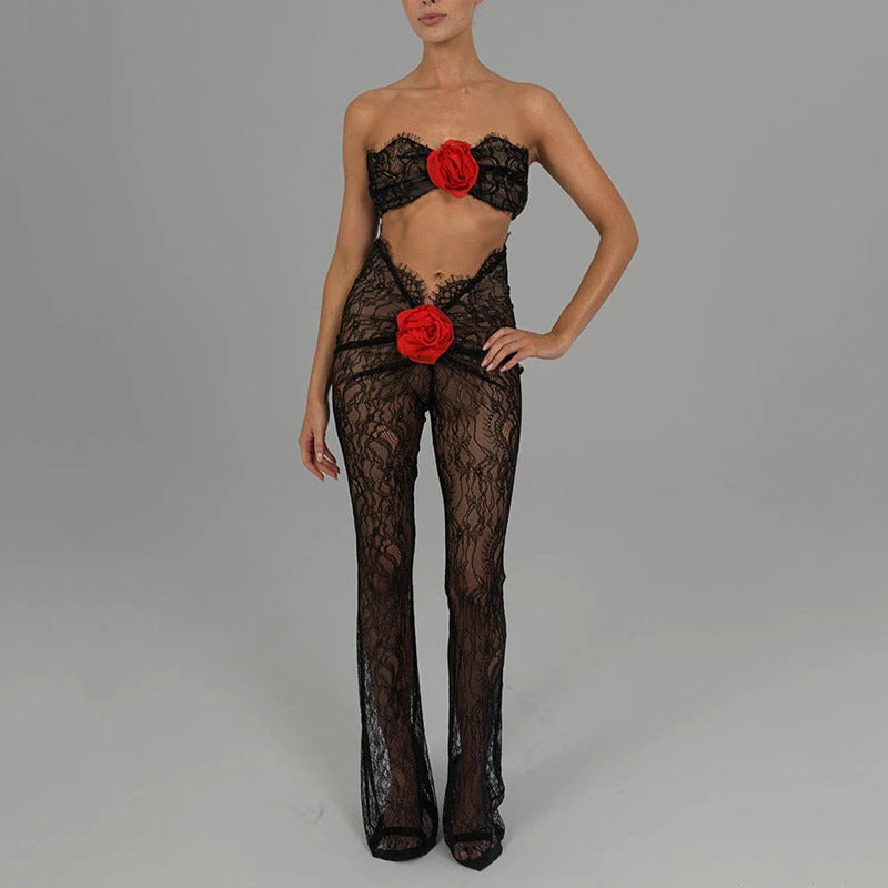 REALAIOT 2025 2025 trade autumn new lace perspective sex temptation tube top jumpsuit women's sexy tight flower trousers