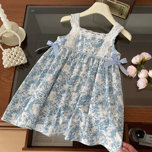 Child Girl Summer Backless Sleeveless Dress Baby Girl Blue and White Porcelain Floral Bow Suspenders Princess Dress