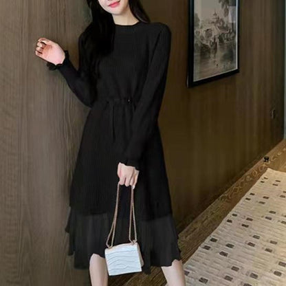 2025 Autumn and Winter New Korean Style Ruffle Sleeve Knitted Sweater Women's Pullover Elastic Waistband Slimming Mesh Spliced Princess Dress