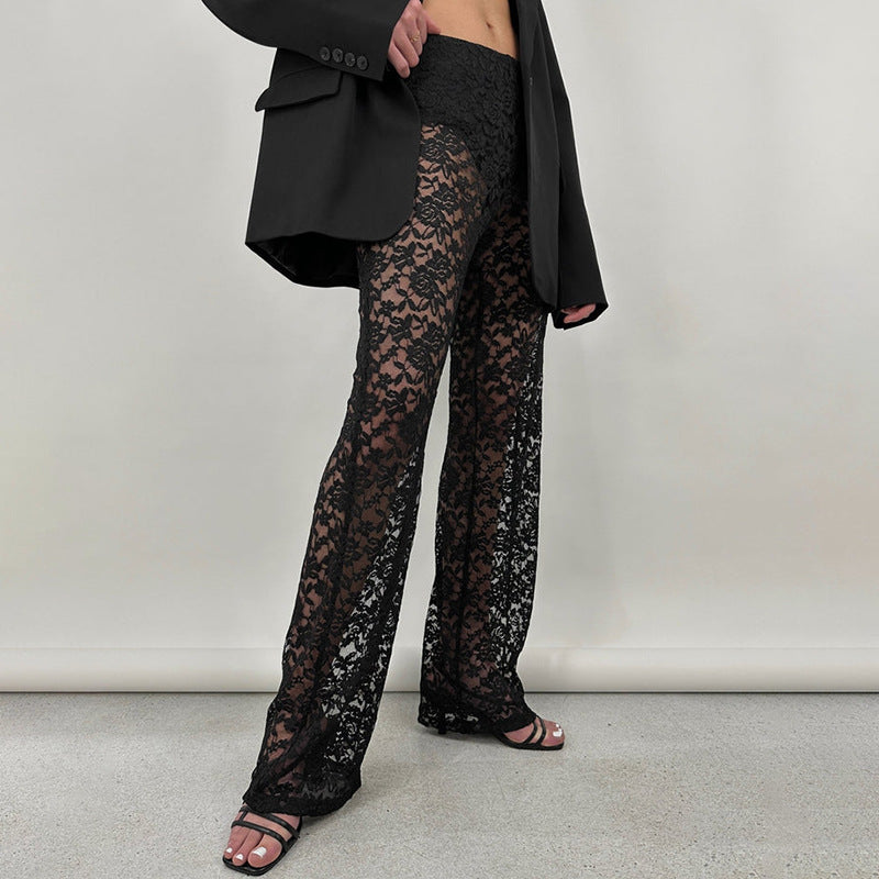 REALAIOT 2025 style cross-border summer hot-selling new products, sexy versatile lace perspective high-waisted splicing long straight pants