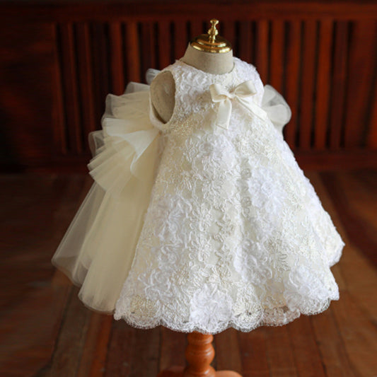 Baby Girl One Year Old Dress 2025 New Girls' Dress Children's Princess Dress Western Style White Sequined Birthday