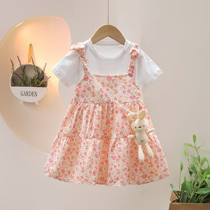 Children's Clothing Girls' Dress Summer New Baby Korean Style Floral Western Style Skirt Girls' Fake Two-Piece Princess Dress