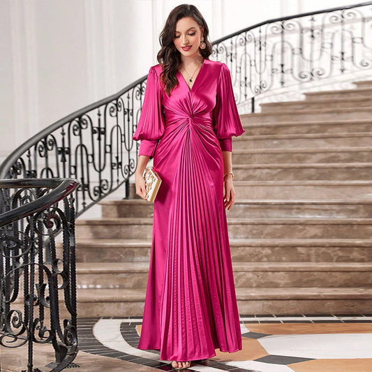 Ky551 European and American 2025 New Slim Lantern Sleeve Evening Dress plus Size Dress Party Elegant Dress