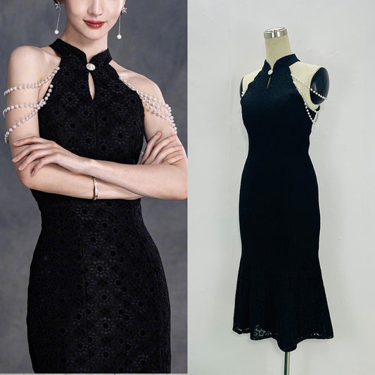 Production Jinchen Same Style Black Summer Women's Lace Dress Sexy Temperament Slim-Fit Figure Flattering Cheongsam Dress