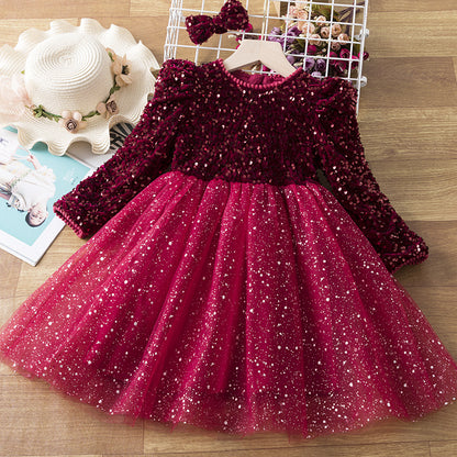 Girls Sequins Dress Winter Clothes Western Style Children Baby Girl Princess Dress Fashionable Stitching Tulle Tutu Skirt Trendy