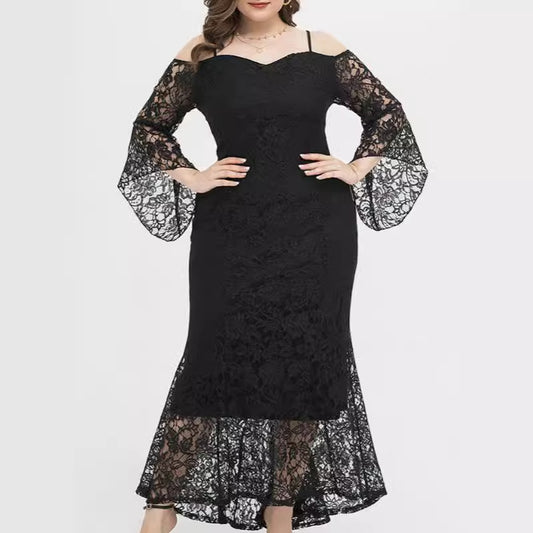 2025 Spring and Summer   Lace Crocheted Long Sleeve Plump Girls Close-Fitting Sling Evening Dress Sexy Dress