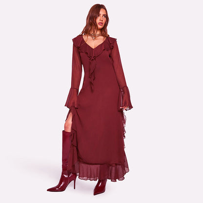 REALAIOT H24DS228 2025 women's clothing ruffle leaf edge V-neck long sleeve elegant temperament long dress New wholesale