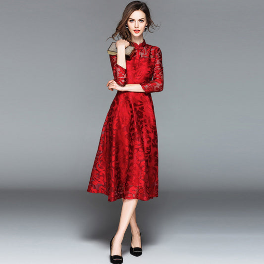 Retro Style Women's Buckle Stand Collar Long Sleeve Embroidered Cheongsam Dress Improved Fashion Long Dress Slimming Plump Girls