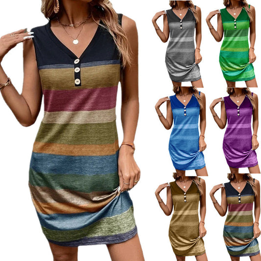 2023 Spring and Summer Europe and America Cross Border  New New Striped Printed Button Loose Vest Long Dress