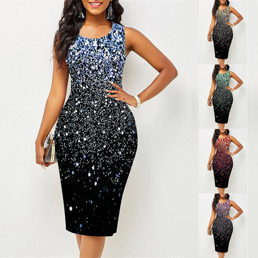 2025 Europe and America Cross Border Women's  Starry Sky Fashion Print round Neck Sleeveless Vest Evening Dress Dress Women