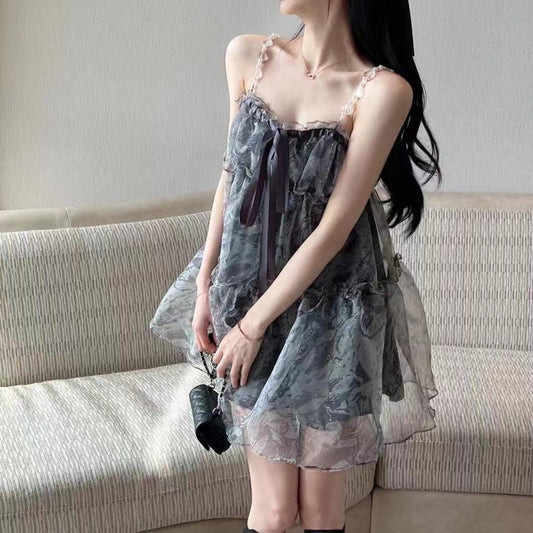 2025 New Birthday Dress Small Dress Summer Strap Floral High Waist Dress Hot Trade Factory Direct Sales