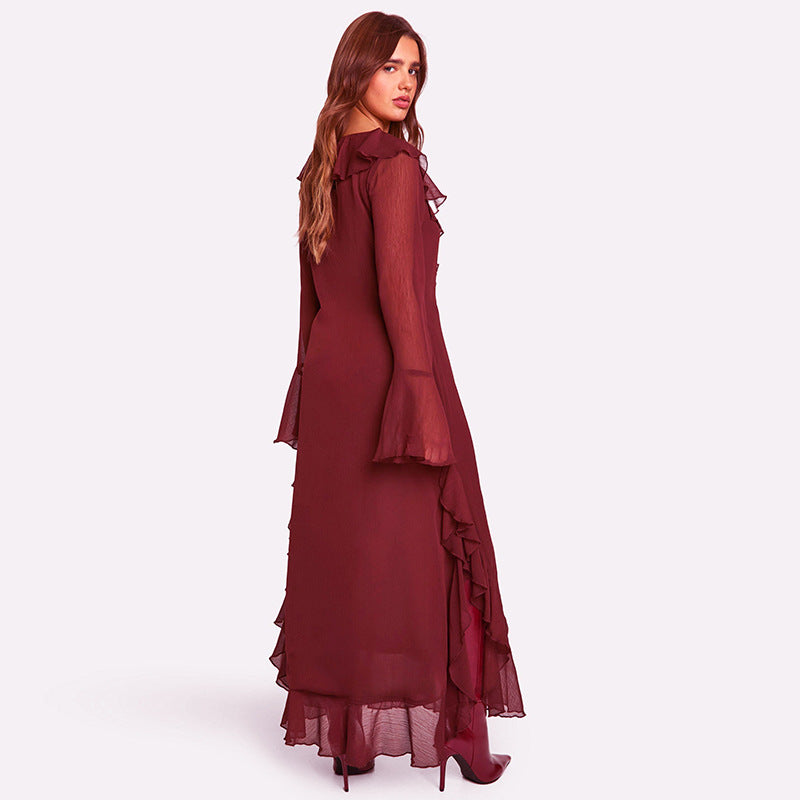 REALAIOT H24DS228 2025 women's clothing ruffle leaf edge V-neck long sleeve elegant temperament long dress New wholesale