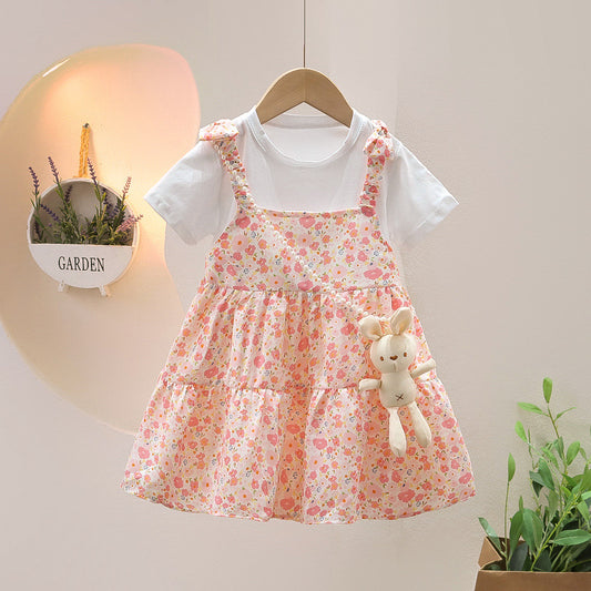 Children's Clothing Girls' Dress Summer New Baby Korean Style Floral Western Style Skirt Girls' Fake Two-Piece Princess Dress