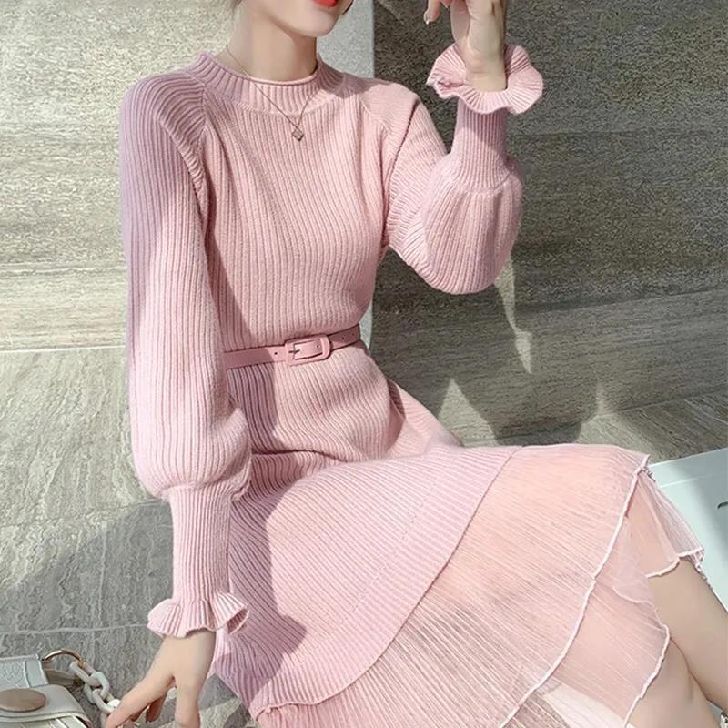 2025 Autumn and Winter New Korean Style Ruffle Sleeve Knitted Sweater Women's Pullover Elastic Waistband Slimming Mesh Spliced Princess Dress