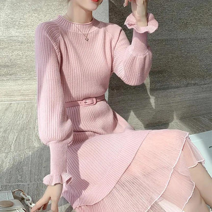 2025 Autumn and Winter New Korean Style Ruffle Sleeve Knitted Sweater Women's Pullover Elastic Waistband Slimming Mesh Spliced Princess Dress