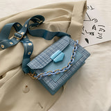 realaiot  Plaid Pattern Square Bag, Wide Strap Crossbody Bag, Women's Chain Decor Flap Purse